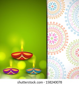 Indian festival Happy Diwali greeting card design decorated with floral artwork and illuminated oil lit lamps. 