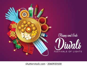 indian festival happy diwali greetings. covid 19, corona virus concept. vector illustration design.