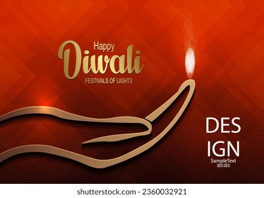 Indian festival Happy Diwali with hand on orange background design.