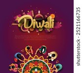 Indian festival Happy Diwali with Diwali props, holiday Background with crackers, Diwali celebration greeting card, abstract vector illustration.