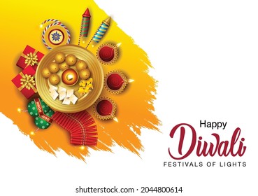 Indian festival Happy Diwali with Diwali props, holiday Background with crackers, Diwali celebration greeting card, vector illustration design.