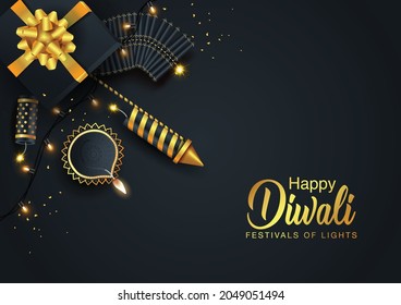 Indian festival Happy Diwali with Diwali props, holiday Background, Diwali celebration greeting card, vector illustration design.