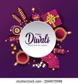 Festival indio Feliz Diwali con accesorios de Diwali, fondo de vacaciones, tarjeta de saludo de celebración de Diwali, diseño de ilustración vectorial.