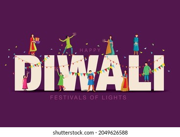 Festival indio Feliz Diwali con accesorios de Diwali, fondo de vacaciones, tarjeta de saludo de celebración de Diwali, diseño de ilustración vectorial.