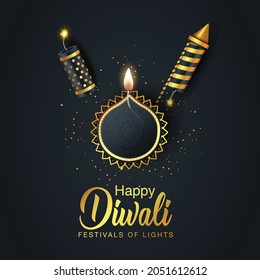 Festival indio Feliz Diwali con accesorios de Diwali, fondo de vacaciones, tarjeta de saludo de celebración de Diwali, diseño de ilustración vectorial.