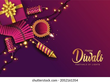 Indian festival Happy Diwali with Diwali props, holiday Background, Diwali celebration greeting card, vector illustration design.