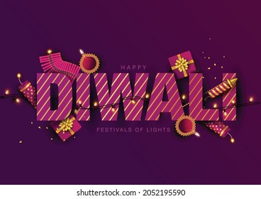 Festival indio Feliz Diwali con accesorios de Diwali, fondo de vacaciones, tarjeta de saludo de celebración de Diwali, diseño de ilustración vectorial.