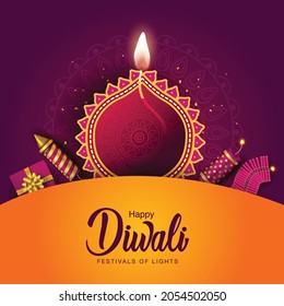 Festival indio Feliz Diwali con accesorios de Diwali, fondo de vacaciones, tarjeta de saludo de celebración de Diwali, diseño de ilustración vectorial.