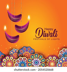 Indian festival Happy Diwali with Diwali props, holiday Background, Diwali celebration greeting card, vector illustration design.