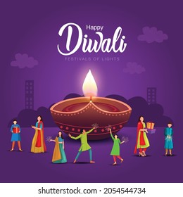 Indian festival Happy Diwali with Diwali props, holiday Background, Diwali celebrating people greeting card, vector illustration design.