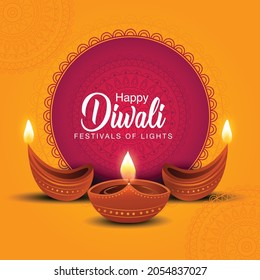 Indian festival Happy Diwali with Diwali props, holiday Background, Diwali celebration greeting card, vector illustration design.