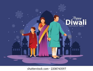 Festival indio Feliz Diwali con accesorios de Diwali, fondo de vacaciones, tarjeta de saludo de celebración de Diwali, diseño de ilustración vectorial.	