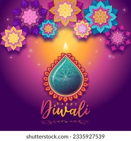 Indian festival Happy Diwali with Diwali props, holiday Background with crackers, Diwali celebration greeting card, vector illustration