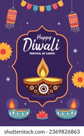 Festival indio Feliz Diwali con accesorios Diwali, fondo de vacaciones con petardos, tarjeta de saludo de celebración Diwali, ilustración vectorial.