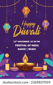 Festival indio Feliz Diwali con accesorios Diwali, fondo de vacaciones con petardos, tarjeta de saludo de celebración Diwali, ilustración vectorial.