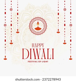 Festival indio Feliz Diwali con accesorios de Diwali, fondo de vacaciones, tarjeta de saludo de celebración de Diwali, diseño de ilustración vectorial. 