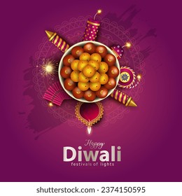 Festival indio Feliz Diwali con accesorios Diwali, fondo de vacaciones con petardos, tarjeta de saludo de celebración Diwali, ilustración abstracta de vector.