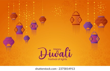 Indian Festival Happy Diwali with Diwali Props and Fireworks on a Royal Elegant Background - Celebration Greeting Card, Vector Illustration