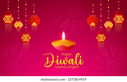 Indian Festival Happy Diwali with Diwali Props and Fireworks on a Royal Elegant Background and Bokeh Effect- Celebration Greeting Card, Vector Illustration