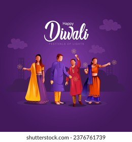 Indian festival Happy Diwali with Diwali props, holiday Background, Diwali celebrating people greeting card, abstract vector illustration design.