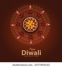 Indian festival Happy Diwali with Diwali props, holiday Background, Diwali celebration greeting card, vector illustration.