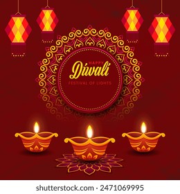 Indian festival Happy Diwali with Diwali props, holiday Background with crackers, Diwali celebration greeting card, vector illustration.