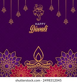 Festival indio Happy Diwali con accesorios Diwali, fondo de vacaciones, tarjeta de felicitación de celebración Diwali, Ilustración vectorial.