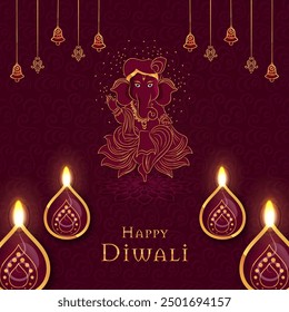 Festival indio Happy Diwali con accesorios de Diwali, fondo de vacaciones. Tarjeta de felicitación de la celebración de Diwali, Ilustración vectorial. Personaje de Lord Ganesha