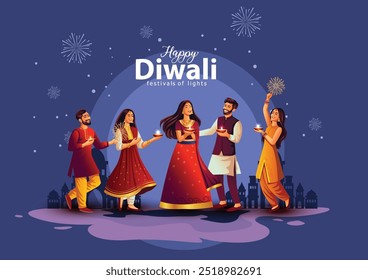 Festival indiano Happy Diwali com adereços de Diwali, fundo de férias, cartão de saudação de celebração de Diwali, design de ilustração vetorial.	