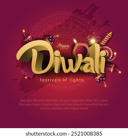 Festival indiano Happy Diwali com adereços de Diwali, fundo de férias com bolachas, cartão de celebração de celebração de Diwali, ilustração vetorial abstrata.