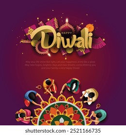 Festival indiano Happy Diwali com adereços de Diwali, fundo de férias com bolachas, cartão de celebração de celebração de Diwali, ilustração vetorial abstrata.