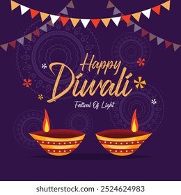 Festival indiano Happy Diwali com adereços de Diwali, fundo de férias com bolachas, cartão comemorativo de Diwali, ilustração vetorial.