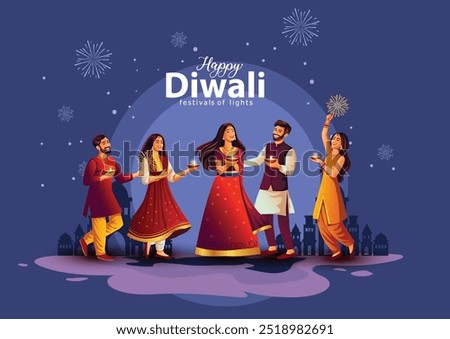 Indian festival Happy Diwali with Diwali props, holiday Background, Diwali celebration greeting card, vector illustration design.	