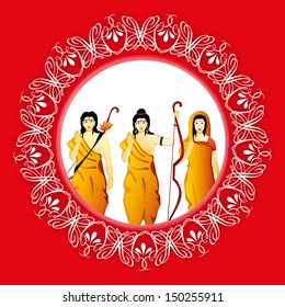 Indian festival Happy Dussehra background with illustration of Lord Rama, Sita and Laxman. 