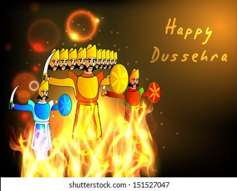 Indian festival Happy Dussehra background with statue of Ravana, Meghnath and Kumbhkaran in fire. 