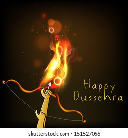 Indian festival Happy Dussehra background with bow and arrow in fire.