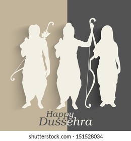 Indian festival Happy Dussehra background with white silhouette of Hindu community Lord Rama with his wife Sita and brother Laxman. 