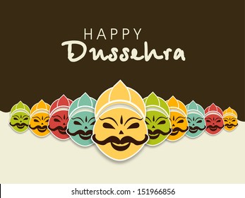 Indian festival Happy Dussehra concept with illustration of smiling Ravana face with his ten heads in various colors.