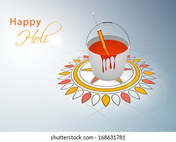 Indian festival Happy Holi celebration concept with bucket with full of colors, pichkari on beautiful floral (rangoli) decorated background. 