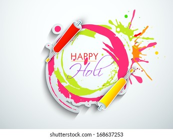 Indian festival Happy Holi celebration concept with colors splash and stylish text on grey background. 