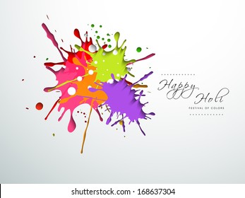 Indian festival Happy Holi celebration concept with colors splash on grey background. 