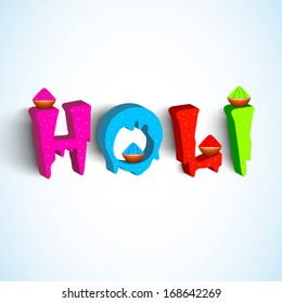 Indian festival Happy Holi celebrations with shiny colorful text on blue background. 