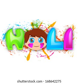 Indian festival Happy Holi celebrations with cute little kid with shiny colorful text on colors splash background. 