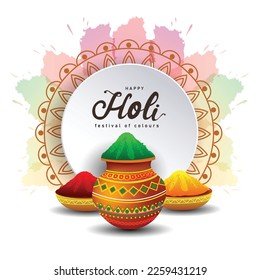 Indian festival happy Holi with group of color powder plates and pot. vector illustration design 