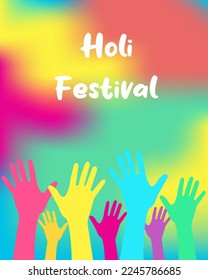 Indian festival happy holy festival, colorful poster, banner background. Multicolored hands raised up