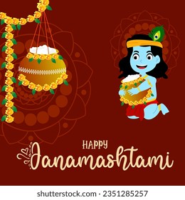 Indian Festival Happy Janmashtami Vector Illustration Hand Drawn Creative Design  Background