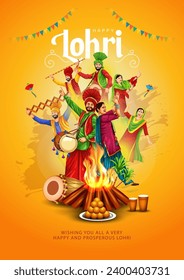 Indian festival Happy lohri with Lohri props, holiday Background, Punjabi celebration greeting card, vector illustration design.	