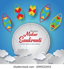 Indian festival Happy Makar Sankranti poster design with group of colorful kites flying cloudy sky. vector illustration design. covid 19, corona virus concept.	