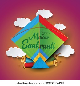 Indian festival Happy Makar Sankranti poster design with colorful kite flying cloudy sky. vector illustration design.