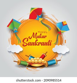 Indian festival Happy Makar Sankranti poster design with group of colorful kites flying cloudy sky. vector illustration design.